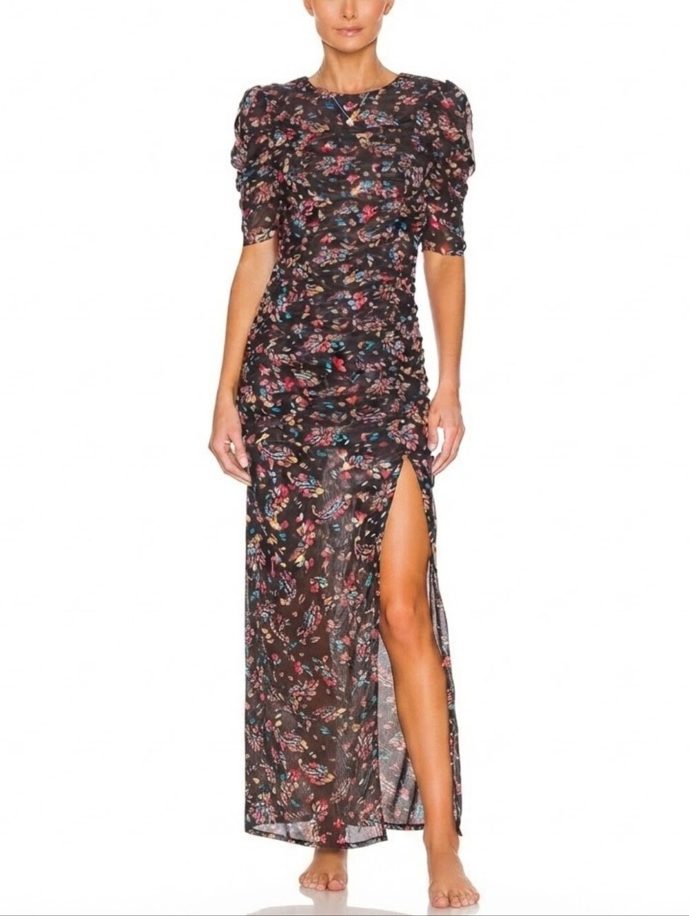 Free People Briella Midi Dress Women’s Size L Twilight Combo Puff Sleeve Ruched